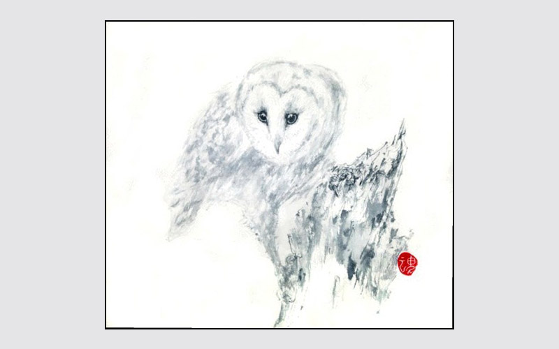 ROSLYN LEVIN SUMI-E Barn Owl's Intense Gaze